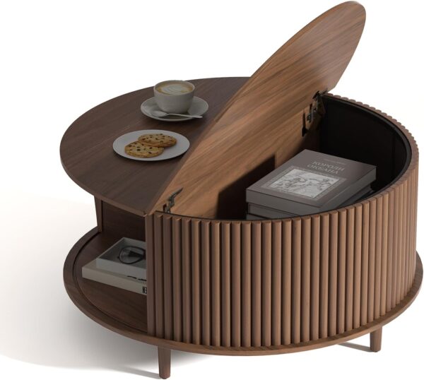 Round Coffee Table with Storage,Mid Century Modern Coffee Table with Sliding Cabinet Door,Coffee Table for Living Room,31.5" Small Center Table (Walnut) - Image 7