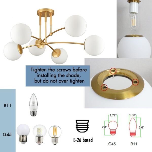 CLAXY Mid Century Gold Ceiling Light Semi Flush Mount Opal Globe Chandelier 6-Light Ceiling Chandelier for Bedroom Living Room - Image 5