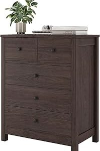 Dresser for Bedroom, 5 Drawer Dresser with Metal Handle, Wood Dresser Organizer with Deep Space, Modern Chests of Drawers for Bedroom, Entryway, Hallway, Home Office, Dark Brown