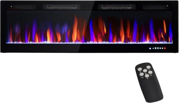 HOMCOM 60" Electric Fireplace Recessed and Wall Mounted with Remote, 750W/ 1500W Ultra-Thin Fireplace Heater and Linear Fireplace with Timer, Adjustable Flame Effect, Crystal, Black