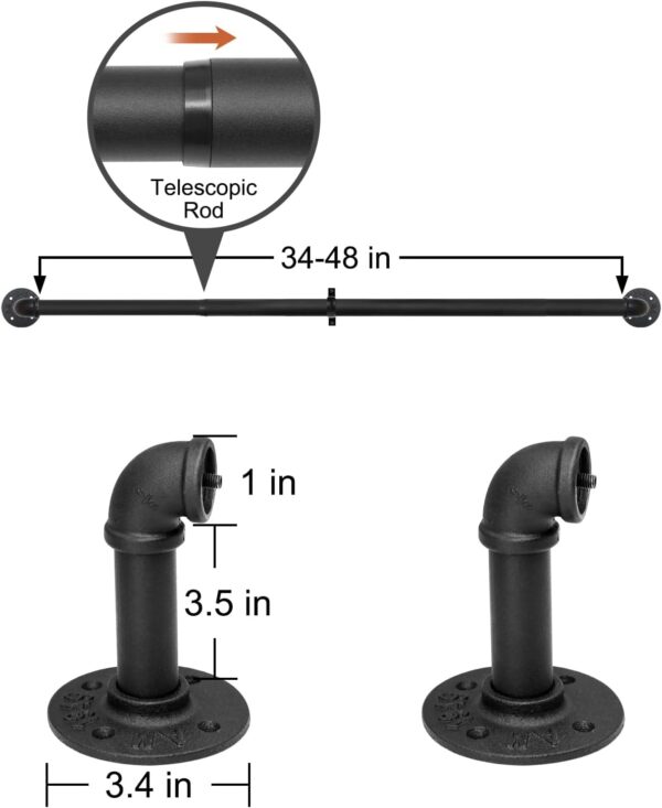 Refrze Blackout Curtain Rods for Windows 34 to 48 Inch, Industrial Curtain Rods, Wrap Around Curtain Rods for Bedroom,1 Inch Heavy Duty Outdoor Curtain Rods for Patio, 34-48", Black - Image 4