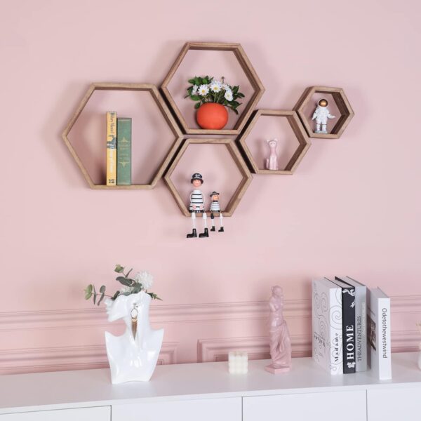 PHOENANCEE Hexagon Floating Shelves,Honeycomb Shelf Set of 5,Octagon Shelves Wall Mounted Hanging Storage Cube Wood for Bathroom Kitchen Bedroom Living Room Office Home - Image 2