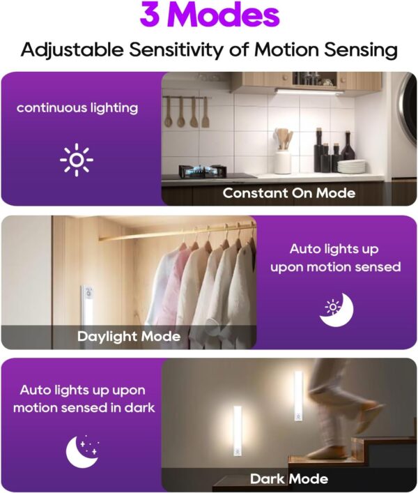 Under Cabinet Lights 2 Pack, 3200mAh Motion Sensor Light Indoor, Under Cabinet Lighting Wireless, Closet Lights, 60 LED Lights for Bedroom, Under Counter Lights for Kitchen - Image 5
