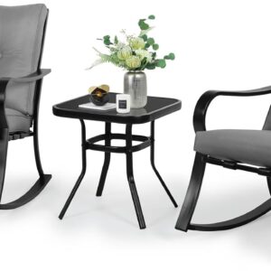SOLAURA 3-Piece Outdoor Rocking Chairs Bistro Set, Black Iron Patio Furniture with Gray Thickened Cushion & Glass-Top Coffee Table