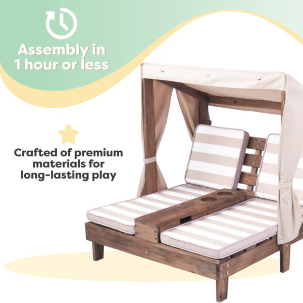 KidKraft Wooden Outdoor Double Chaise Lounge with Cup Holders, Patio Furniture for Kids or Pets, Espresso with Oatmeal and White Striped Fabric - Image 5