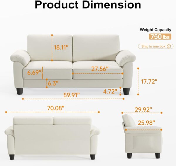 70" Living Room Couch Sofa, Mid Century Modern Loveseat with Storage Bag, Velvet Deep Couches for Small Spaces, Bedroom, Apartment, Office, Removable Sofa Cover Spring Cushions, Easy to Install, Beige - Image 2