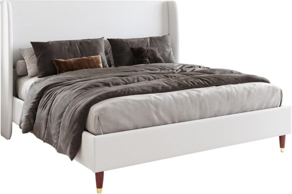 Jocisland Upholstered Bed Frame Queen Size 51.2" High Platform Bed with Wingback Headboard/No Box Spring Needed/Easy Assembly/White - Image 7