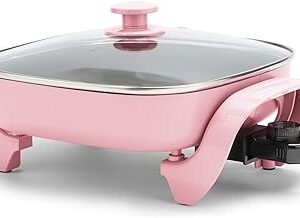 GreenLife12" 5QT Square Electric Skillet, Glass Vented Lid, Ceramic PFAS-Free Nonstick Coated Interior, Adjustable Temperature Control, Cool Touch Handles, Quick Even Heating, Scratch Resistant, Pink