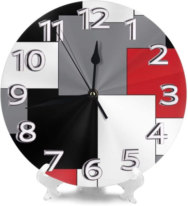 Geometric Decorative Wall Clock with Roman Numeral Hands White,Grey,Black and Red Irregular, Round Durable Lightweight Waterproof for Living Room Classroom Patio Bedroom - Image 2