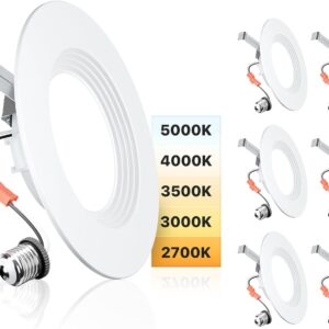 Ensenior 5/6 Inch 5CCT LED Can Lights 6 Pack, Retrofit Led Recessed Lighting, Baffle Trim, Dimmable, 9W=110W, 1000LM, 2700K/3000K/3500K/4000K/5000K Selectable, IC Rated - ETL & FCC