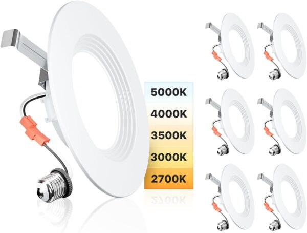 Ensenior 5/6 Inch 5CCT LED Can Lights 6 Pack, Retrofit Led Recessed Lighting, Baffle Trim, Dimmable, 9W=110W, 1000LM, 2700K/3000K/3500K/4000K/5000K Selectable, IC Rated - ETL & FCC