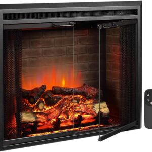 PuraFlame Klaus Electric Fireplace Insert with Fire Crackling Sound, Glass Door and Mesh Screen, 750/1500W, Black, 33 1/16 Inches Wide, 25 9/16 Inches High