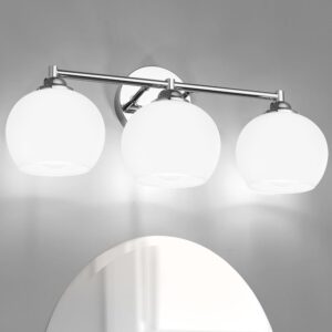 Chrome Bathroom Light Fixtures,3-Light Vanity Lights with Frosted Glass,Mid-Century Modern Bathroom Vanity Light Over Mirror