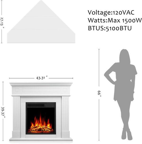 44" Corner Electric Fireplace with Mantel Package Freestanding Fireplace Heater Corner Firebox with Log & Remote Control,750-1500W,White - Image 2
