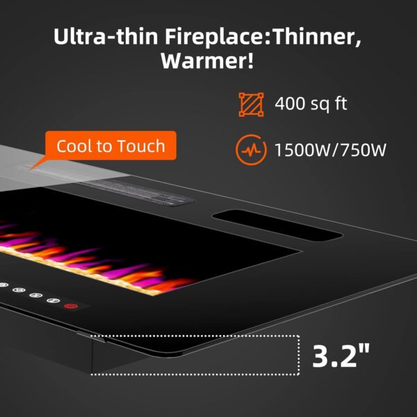 BREEZEHEAT 50 inch Electric Fireplace Wall Mounted/Freestanding-Ultra Thin Fireplace Inserts for Living Room with Heater, Remote Control, Touch Screen, Led Flame, 8H Timer, 750w/1500w - Image 2