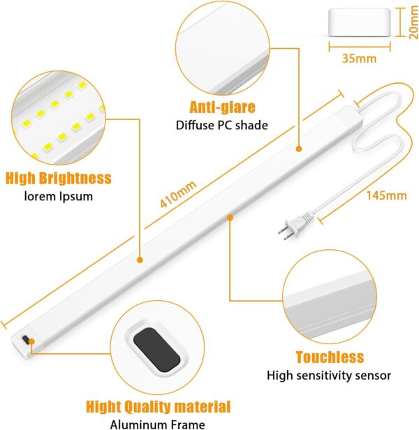 2pcs Hand Wave Under Cabinet Lights, 16" Under Counter Lighting with Dimmable and 4000K Natural White,Plug and Play,LED Lights for Kitchen Cabinet, Cupboard, Closet, Desk - Image 4
