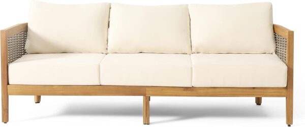 Merax Outdoor Acacia Wood Wicker 3 Seater Sofa, Patio Furniture Conversation Set for Backyard - Image 5