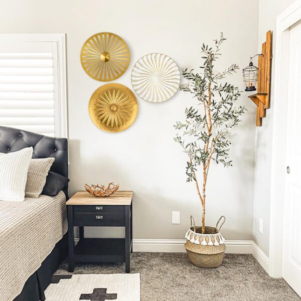 Briful 12" Wall Décor Pack of 3 Metal Gold & White Washed Starbursts Radial Plate Wall Art Modern Accent Hanging Wall Decorations For Home Office Bedroom Or Living Room Wall Sculptures - Image 4