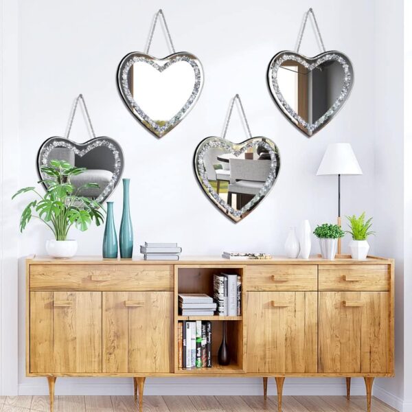 DMDFIRST Heart Shaped Silver Glass Mirror 2 Pack 12x12inch Crystal Crush Diamond Decor Chain Mirror for Wall Decoration - Image 5