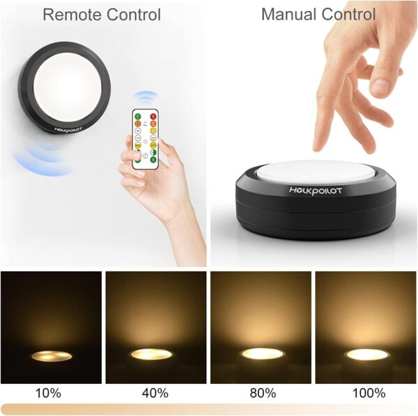 HOLKPOILOT Puck Lights with Remote Control, LED Under Cabinet/Under Counter Light Battery Operated, Closet Light Dimmable, Stick On Lights(6PACK) - Image 5