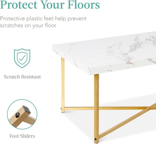Best Choice Products 44in Rectangular Marble Coffee Table, X-Base Accent Table for Living Room, Dining Room, Home Décor w/Faux Marble Top - White/Bronze Gold - Image 6