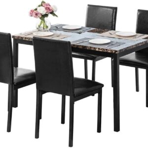 DKLGG Dining Table Set for 4, 5 Piece Kitchen Table Set with PU Leather Chairs Space-Saving Faux Marble Dining Room Table Set for 4 for Small Home Kitchen, Apartment