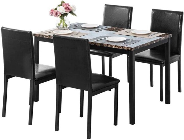 DKLGG Dining Table Set for 4, 5 Piece Kitchen Table Set with PU Leather Chairs Space-Saving Faux Marble Dining Room Table Set for 4 for Small Home Kitchen, Apartment