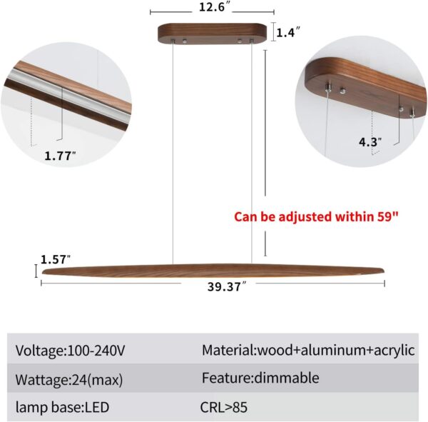 39" Wood Linear Pendant Light LED Dimmable Hanging Light Fixture Dinning Room Light Island Lights 24w for Dining Room Kitchen Island Bar Walnut Color - Image 3
