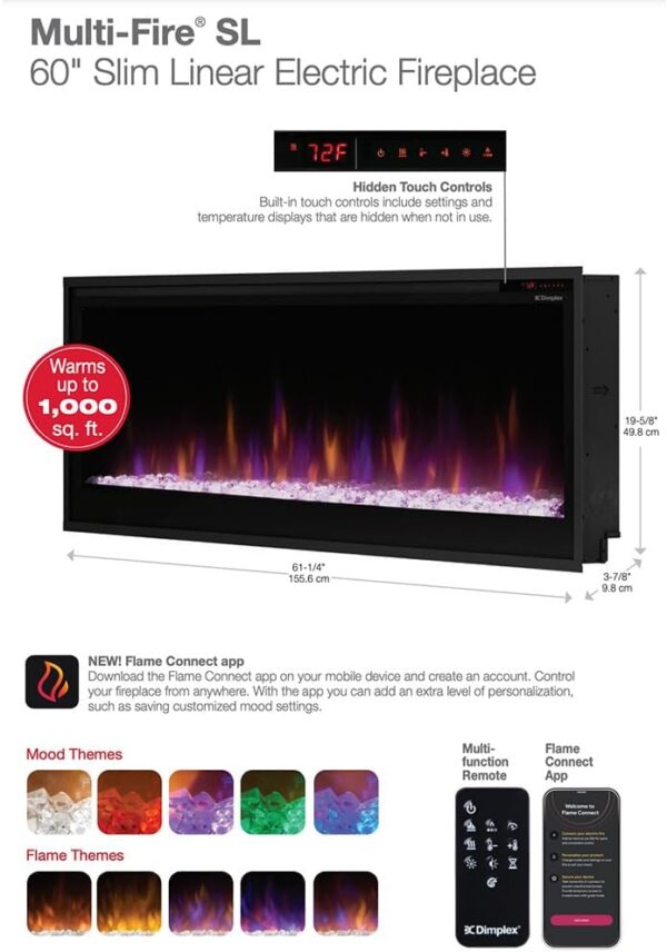 Dimplex 60 Inch Slim Built-in Linear Electric Fireplace | Shallow 4-Inch Depth with Multi-Fire Color Technology, Remote and Acrylic Crystal Ember Bed Included - Sits Flush in Most Home Frames - Image 4