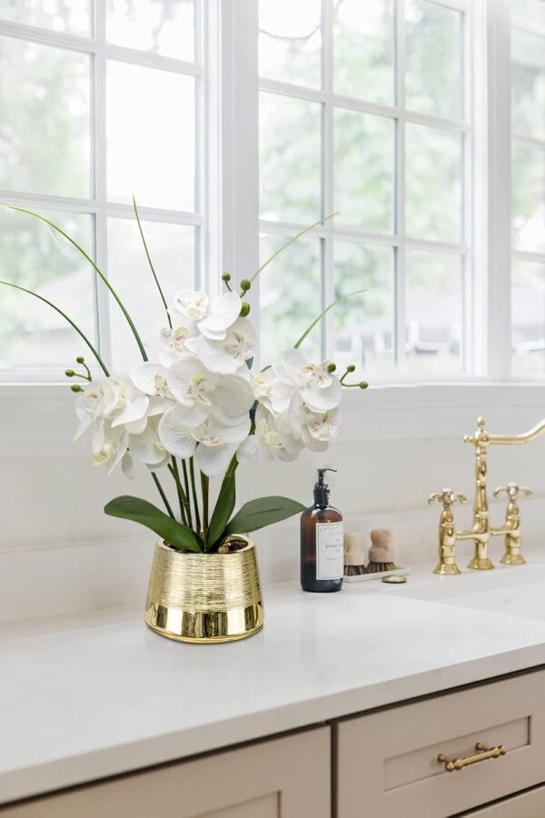 Artificial White Phalaenopsis Orchid Flower Arrangements Faux Orchid Flower in Gold Pot Orchid Centerpiece for Dining Room Table - Image 7