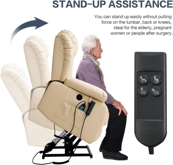 Infinite Position Power Lift Chair Lay Flat Recliner Dual Motor Sleeper Chair with Massage and Heating for Elderly, USB Ports and Remote Control, Leather(Beige) - Image 4