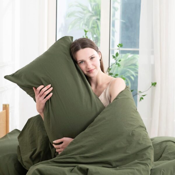 ECOCOTT 3 Pieces Duvet Cover Queen 100% Washed Cotton 1 Duvet Cover with Zipper and 2 Pillowcases, Ultra Soft and Easy Care Breathable Cozy Simple Style Bedding Set (Avocado Green) - Image 6