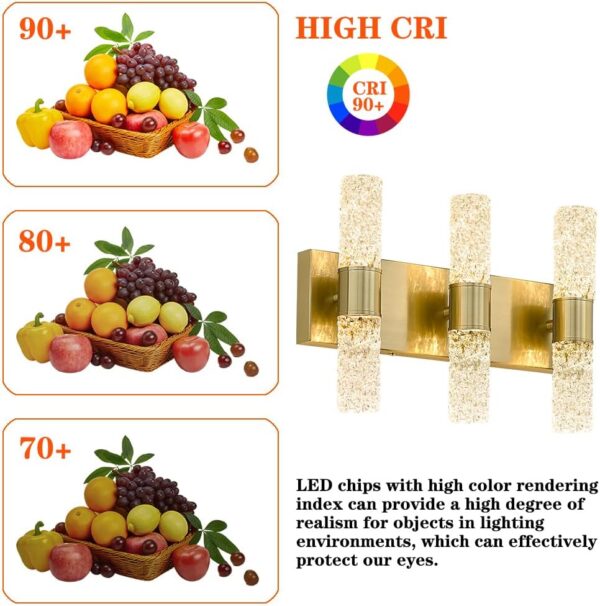 Gold Bathroom Light Fixture, Modern Gold Vanity Light for Bathroom, Crystal 6 Light Bathroom Light Fixtures Over Mirror, 27w LED Bathroom Wall Sconce 3000K Warm White - Image 4
