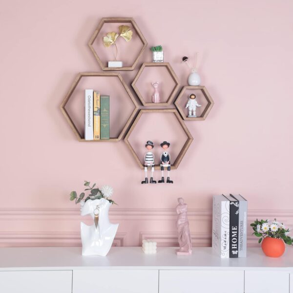 PHOENANCEE Hexagon Floating Shelves,Honeycomb Shelf Set of 5,Octagon Shelves Wall Mounted Hanging Storage Cube Wood for Bathroom Kitchen Bedroom Living Room Office Home - Image 3