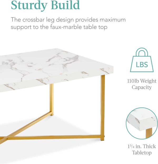 Best Choice Products 44in Rectangular Marble Coffee Table, X-Base Accent Table for Living Room, Dining Room, Home Décor w/Faux Marble Top - White/Bronze Gold - Image 3