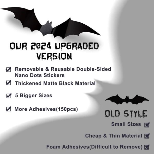 CESOF Halloween Bats Wall Decor 3D Bats Decorations - 120 Pcs 5 Sizes Matte Black PVC Reusable DIY Bat Stickers Vintage Wall Decals for Home Decor Porch Door Indoor Outdoor Party Supplies - Image 3