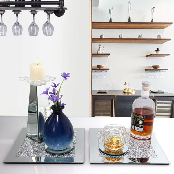 GIMORRTO Glass Mirrored Coaster 4 PC, Crushed Diamond Square Cup Mat 4" Decor on Tabletop for Bar Tools Dining Table - Image 2