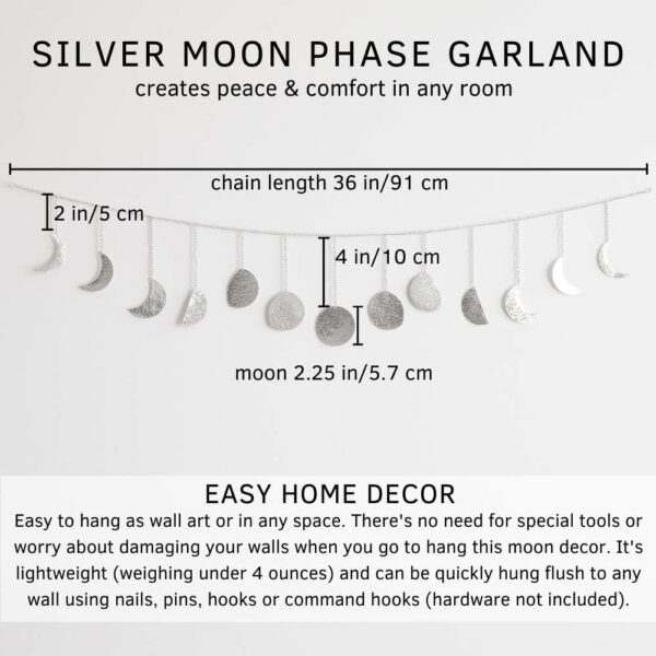Moon Phase Wall Decor, Handmade Hammered Silver Metal 13 Moons 36" Garland, Phases of The Moon Decorations, Celestial Lunar Silver Wall Art, Boho Zen Decor for Bedroom Home Dorm Living Room Girl Gift - Image 5
