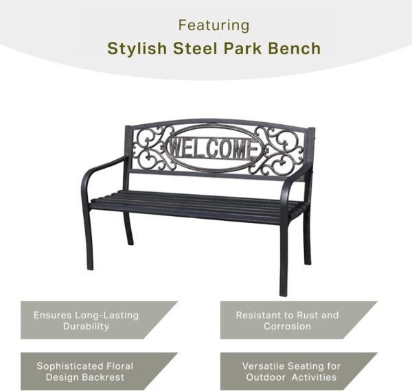 Welcome Outdoor Park Bench Powder Coated Steel Frame Furniture Seat for Backyard Garden, Front Porch, or Walking Path, Black - Image 3