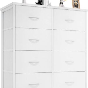 DUMOS Dresser for Bedroom with 8 Fabric Drawers, Tall Chest Organizer Units for Clothing, Closet, Kidsroom, Storage Tower with Cabinet, Metal Frame, Wooden Top, Lightweight Nursery Furniture, White