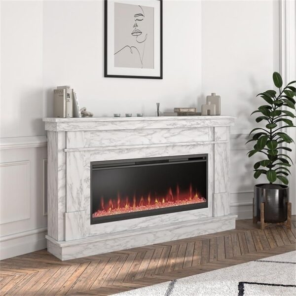 Novogratz Waverly 64 Inch Electric Fireplace with Mantel, Replaceable Fireplace Insert Heater, Remote Control, Timer, Color Changing Crystal Ember Flames, For Living Room or Bedroom, White Marble - Image 2