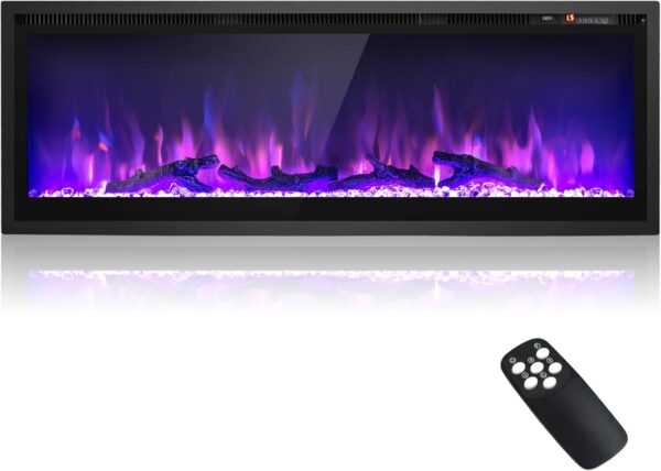 GOFLAME 50 Inch Electric Fireplace Recessed/Wall Mounted/Freestanding, Linear Electric Fireplace Heater Insert with Remote Control, Adjustable Flame Color & Brightness, Thermostat, Timer, 750W/1500W