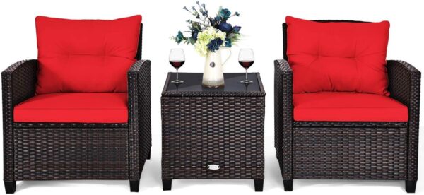 AUGESTER 3 PCS Patio Furniture Set, Outdoor PE Rattan Wicker Conversation Sofa Set w/Washable Cushion and Tempered Glass Tabletop, All Weather Chat Sofa for Garden Poolside Balcony Porch Bistro (Red)