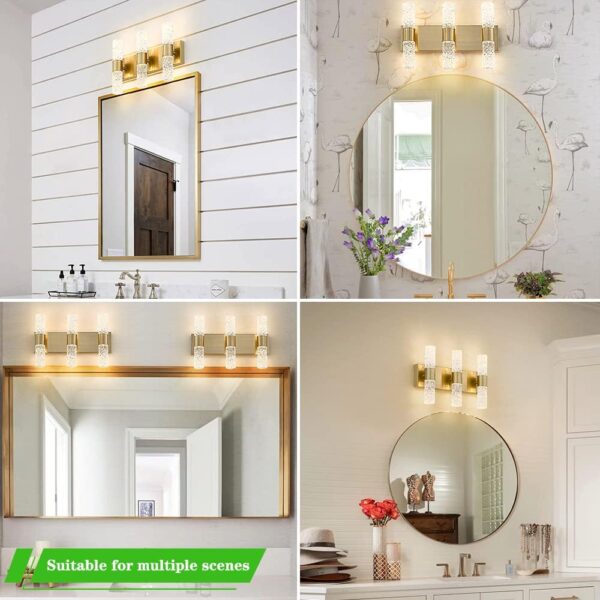 Gold Bathroom Light Fixture, Modern Gold Vanity Light for Bathroom, Crystal 6 Light Bathroom Light Fixtures Over Mirror, 27w LED Bathroom Wall Sconce 3000K Warm White - Image 3