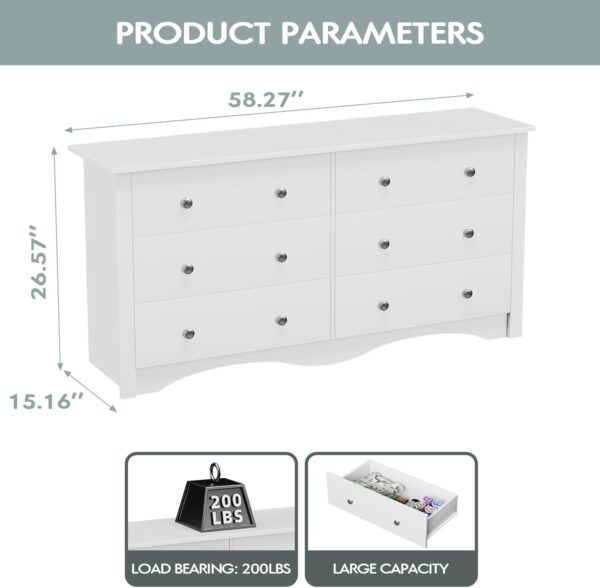 Shahoo Dresser for Bedroom with 6 Drawers Wide Chest Storage Organizer and TV Stand for Living Room, Closet, Hallway, Dormitory,White - Image 2