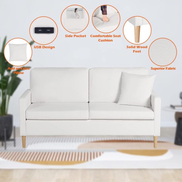 AILEEKISS 66" W Loveseat Sofa with 2 USB Mid Century Modern Love Seats PU Leather Furniture Tufted Upholstered Love Seat Couch for Living Room Office Apartment Bedroom (3-Seater, White) - Image 6