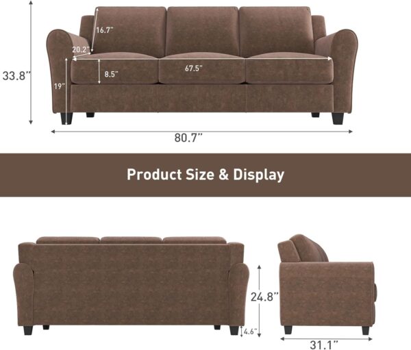 Bonzy Home 80.7" Sofa, 3 Seater Sofa Couch for Living Room, Modern Couch with Thick Cushion for Apartment Office, Brown - Image 2
