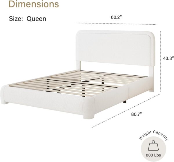 Queen Bed Frame, Boucle Upholstered Platform Bed Frame with Headboard, Modern Style, Soft Rounded Corners, No Box Spring Required, Easy Assembly, White - Image 2