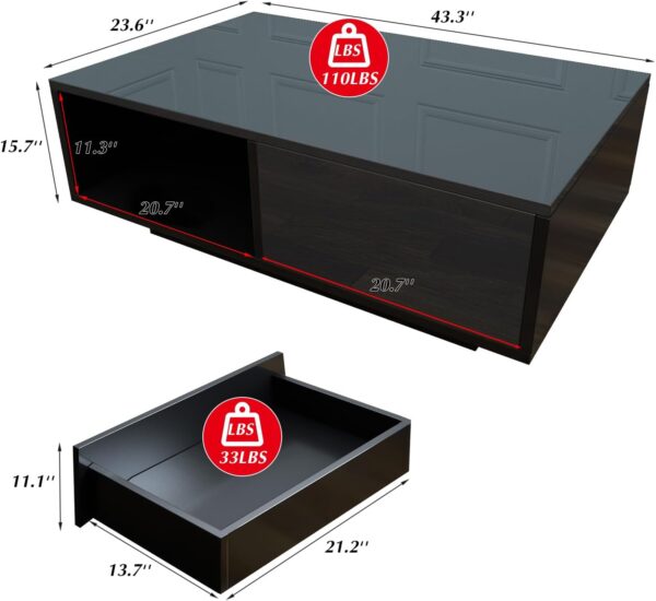 COSVALVE 43.3IN LED Black Coffee Tables for Living Room with 16 Colors LED Lights Modern Coffee Table with Storage Drawer Rectangle Center Table for Home Furniture - Image 2