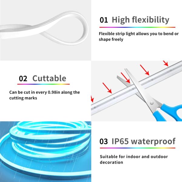 50ft RGB LED neon Rope Lights LED neon Strip Lights with Remote Control/APP Control IP65 24V Waterproof Flexible Neon LED Strip Lights,Led Lights for Bedroom Room Outdoors Decor - Image 6